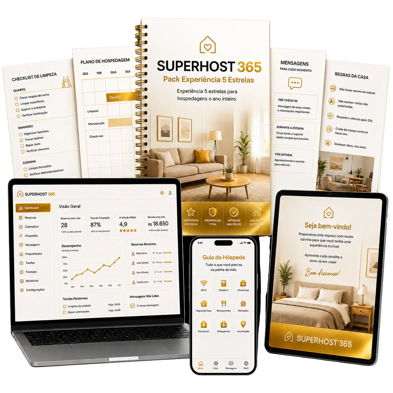Mockup do SUPERHOST 365 com guia clicável, painel, cards de Wi-Fi, check-in e materiais prontos