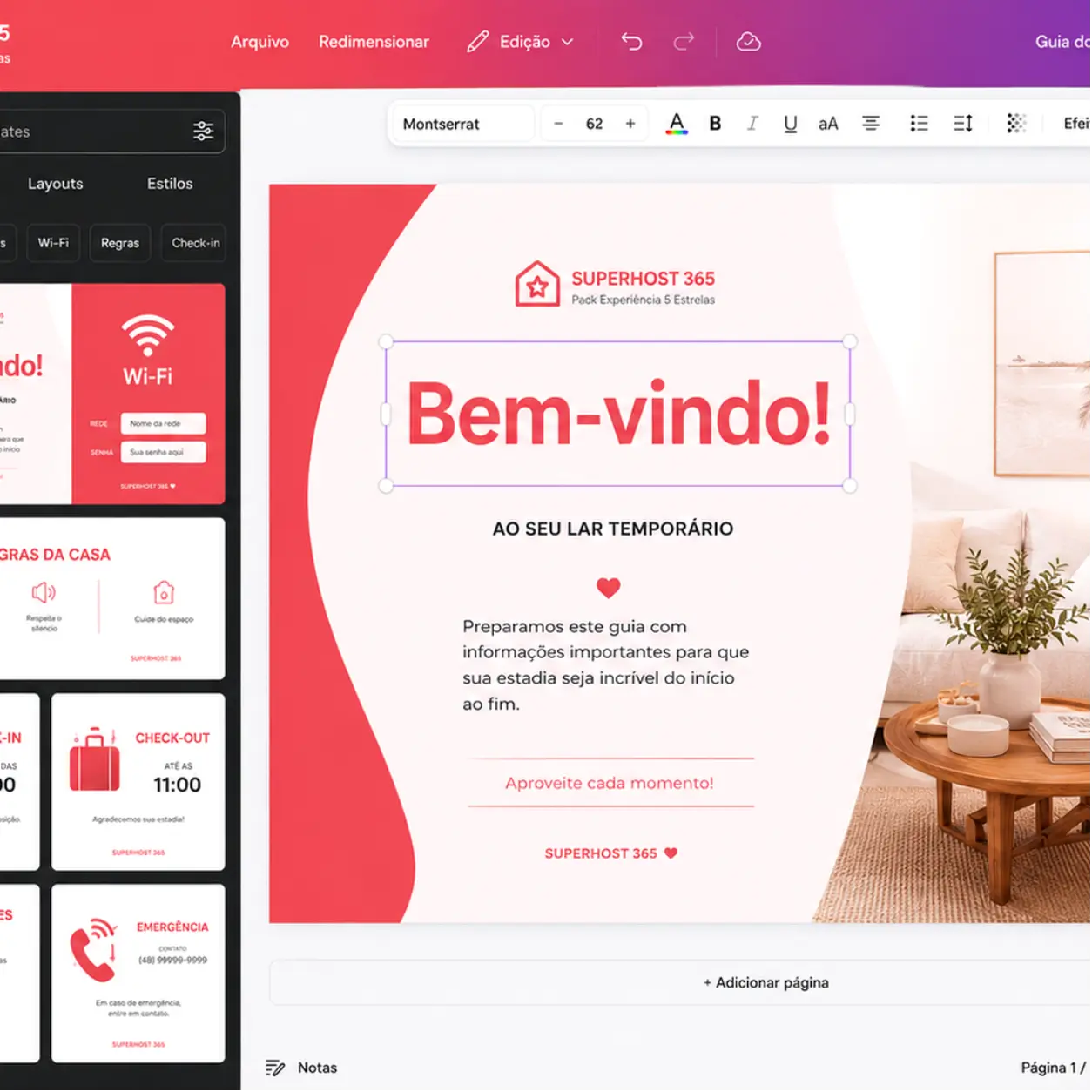 Área editável do SUPERHOST 365 com materiais prontos para personalizar